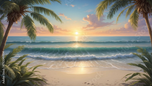 Tranquil sunset scene framed by gently swaying palm fronds overlooking a serene ocean horizon.