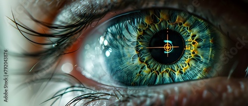 Illustration of Laser Eye Glaucoma Treatment: Closeup of Eye with Reticle Overlay. Concept Laser Therapy, Glaucoma Treatment, Ophthalmology, Eye Health, Medical Illustration