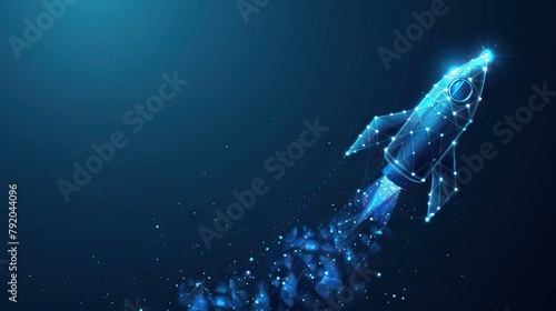 Mans hand pointing to light rocket on dark background. AI generated illustration