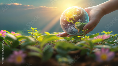 Human hand holding globe with nature background. Day concept. Person environmental protection, global conservation and sustainable development. Vitality planet ecosystem responsibility care