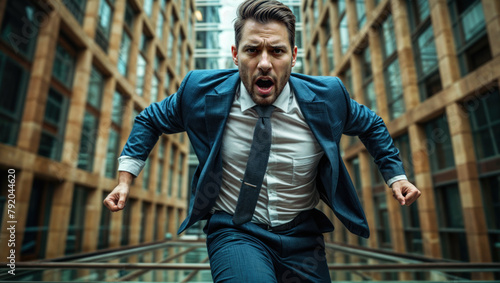 Angry businessman running in city. Business concept. Toned. Urgency in corporate. One professional in motion, carrying briefcase, talking mobile phone. Deadline in urban background.