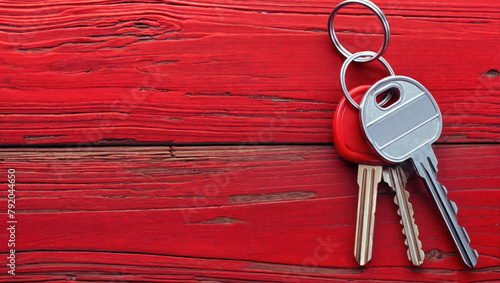 Key with keychain red wooden background. Top view with copy space. Concept home access, security and investment. Unlock door new real estate. Property and buying house.