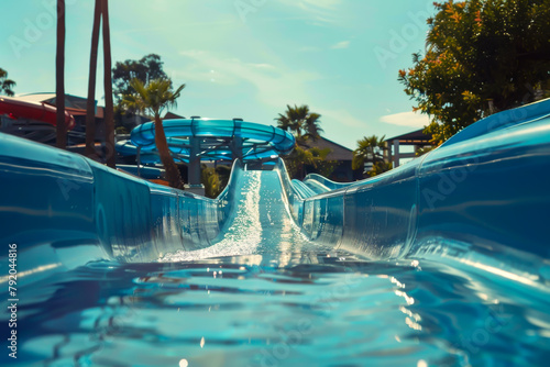 A blue water slide with a clear blue water