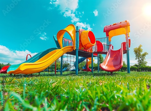 Photo of a colorful playground in the park with green grass and a blue sky background, an outdoor activity for kids during summer vacation