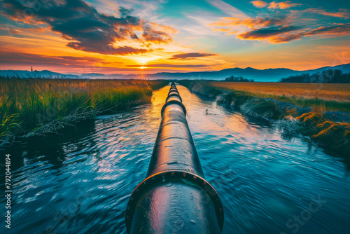 A long pipe is in the water with a beautiful sunset in the background. The water is calm and the sky is filled with orange and pink hues photo