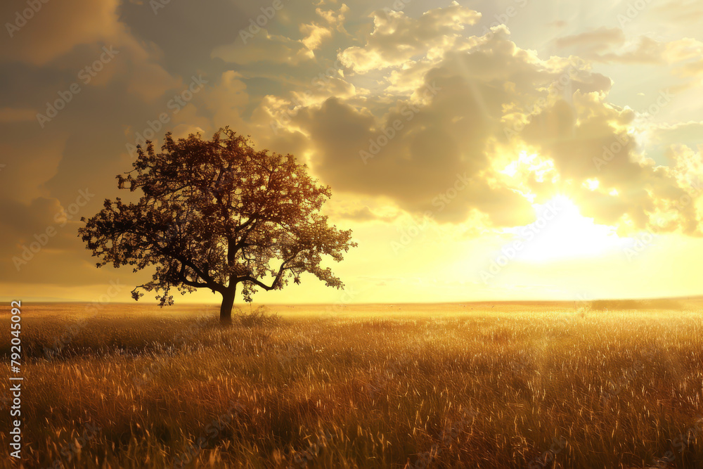 A tree stands in a field of tall grass. The sky is cloudy and the sun is setting A tree stands in a field of tall grass. The sky is cloudy and the sun is setting