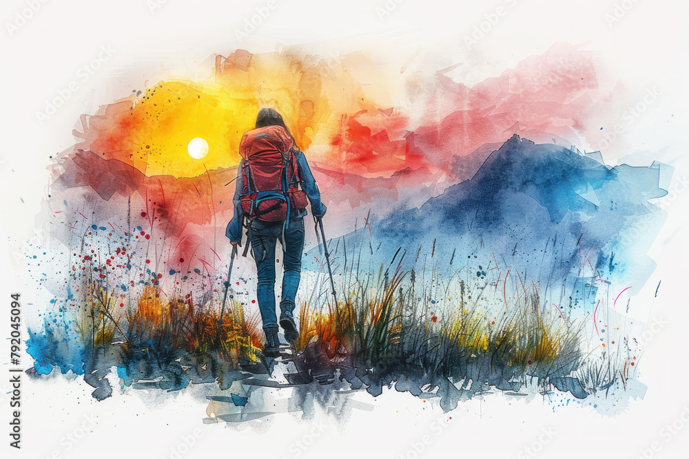 Colorful watercolor painting of a female hiking in forest, adventure - obrazy, fototapety, plakaty 