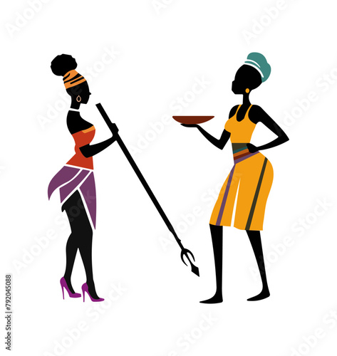 Silhouettes of a black skinned African women standing, vector design featuring the culture of Africa. photo