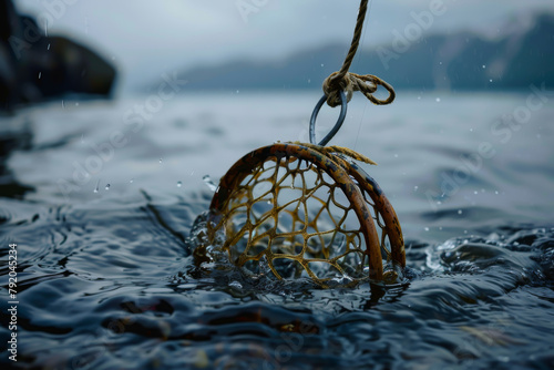 A fishing net is in the water with a rope attached to it. The water is calm and the net is floating on the surface © VicenSanh