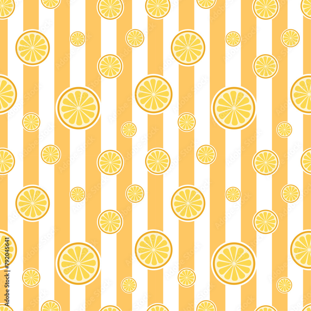 Seamless Pattern with lemon slice and on Striped Background. Colorful summer seamless pattern with tropical fruits, leaves and summer icons Memphis style. Summer seamless vector illustration.