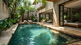 Escape to a peaceful private oasis with a serene pool and beautiful surroundings. Concept Private Pool Retreat, Serene Oasis, Tranquil Escapes, Outdoor Sanctuary, Relaxing Getaway