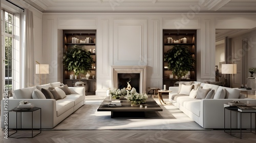 Modern white living room interior with a panoramic view of the living room