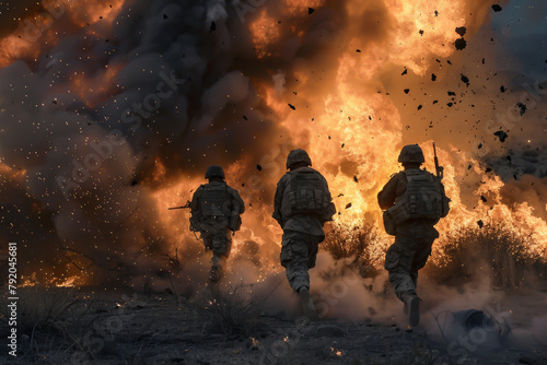 Three soldiers are running through a firefight, with smoke and debris flying around them. Scene is intense and chaotic, as the soldiers are trying to navigate through the dangerous situation