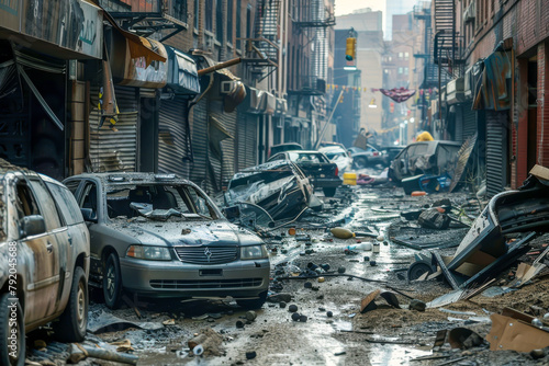 A street scene with a lot of cars and debris. Scene is chaotic and disordered