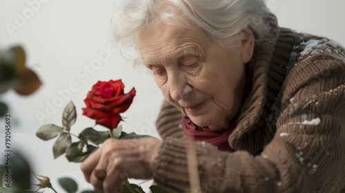 Mulher de muita idade colhendo uma rosa vermelha no jardim photo