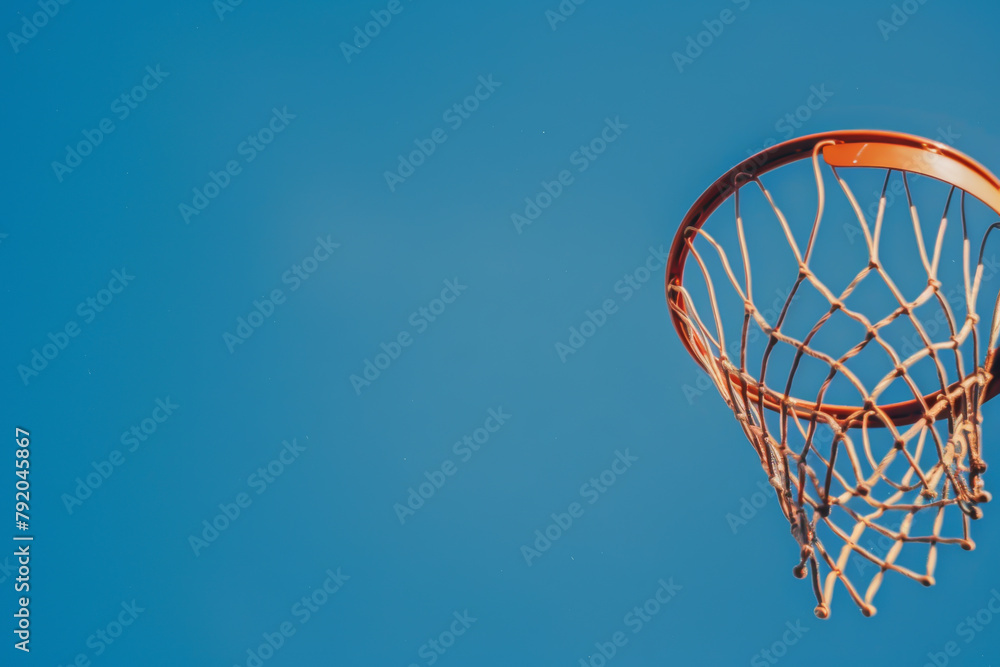 A basketball net is suspended in the air, with the blue sky behind it