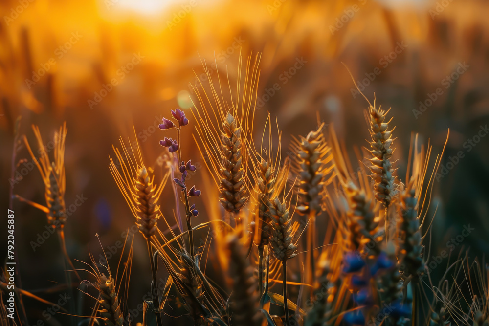 A field of wheat with purple flowers in the foreground. The sun is setting, casting a warm glow over the scene A field of wheat with purple flowers in the foreground. The sun is setting, casting a warm glow over the scene