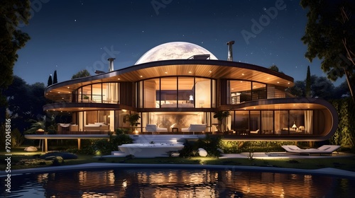 3d rendering of modern cozy house with pool and parking for sale or rent in luxurious style. Clear summer night with many stars on the sky. With many stars on the sky. photo