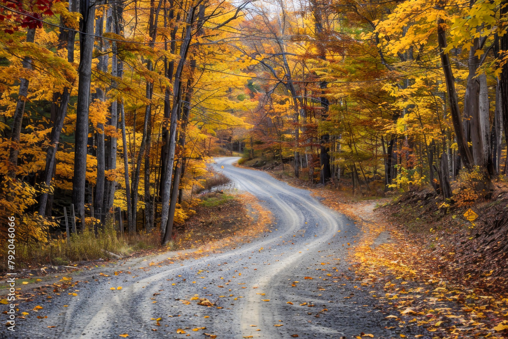 Obraz premium A road with trees on both sides and leaves on the ground. The road is curvy and has a lot of leaves on it