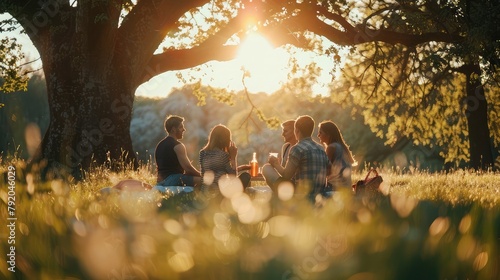 A group of friends enjoying a summer picnic in a picturesque meadow  their faces illuminated by the soft glow of sunlight filtering through the trees as they share food