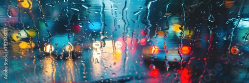 A vivid image capturing the poetic moodiness of a rainy evening in the city  with raindrops adorning the window.