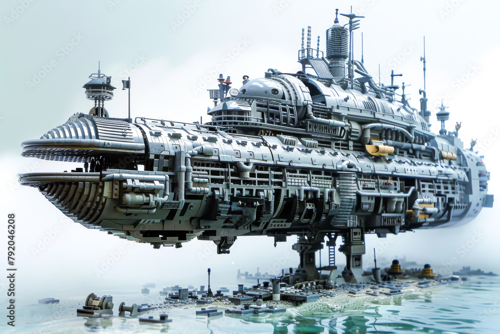 A large ship with a lot of machinery on it. The ship is made of Legos and is very detailed. The ship is floating in the water and has a futuristic look to it
