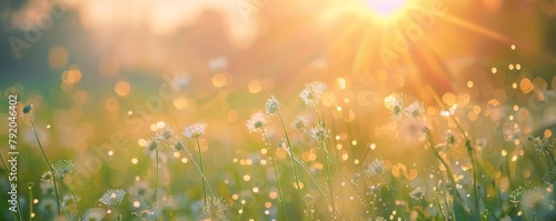 Early spring meadow bathed in sunrise light with dew-covered flowers