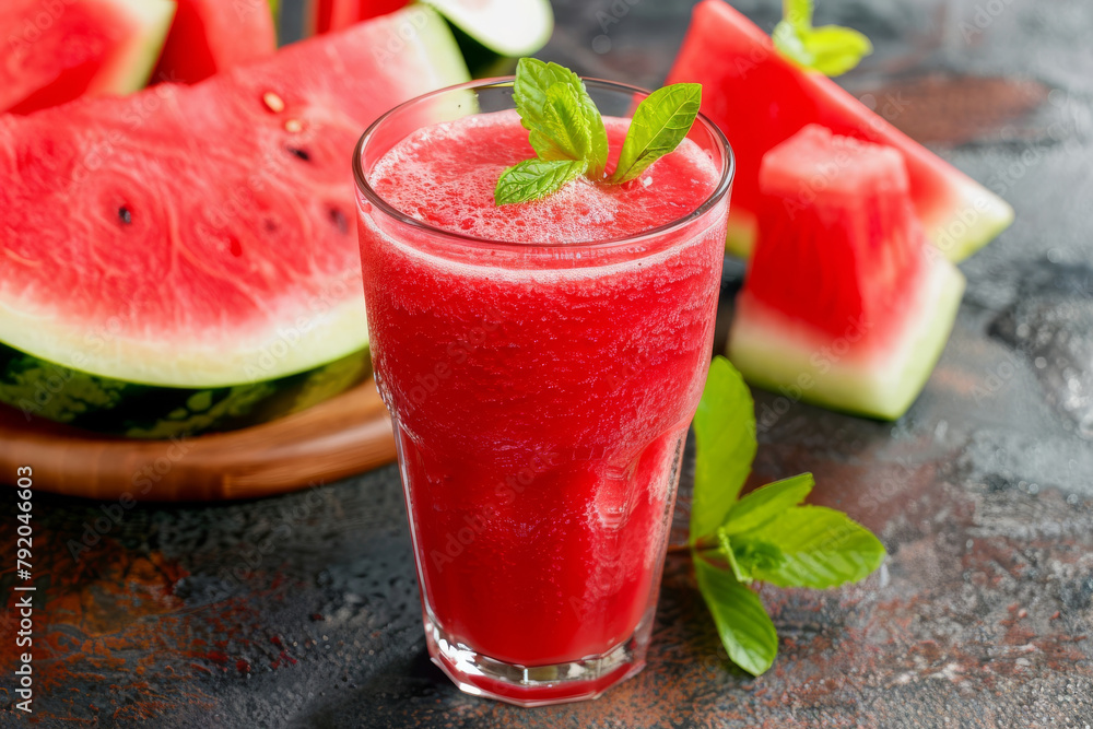 .A refreshing watermelon smoothie with mint garnish. .A refreshing watermelon smoothie with mint garnish.