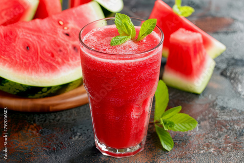 .A refreshing watermelon smoothie with mint garnish.