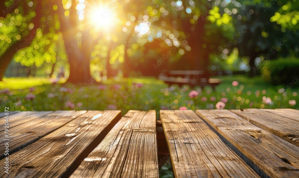Empty wooden table in summer background with the blurred green garden Empty wooden table in summer background with the blurred green garden