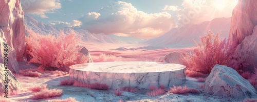 Surreal infrared landscape with marble stage and pink foliage under a vibrant sky photo