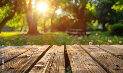 Empty wooden table in summe...