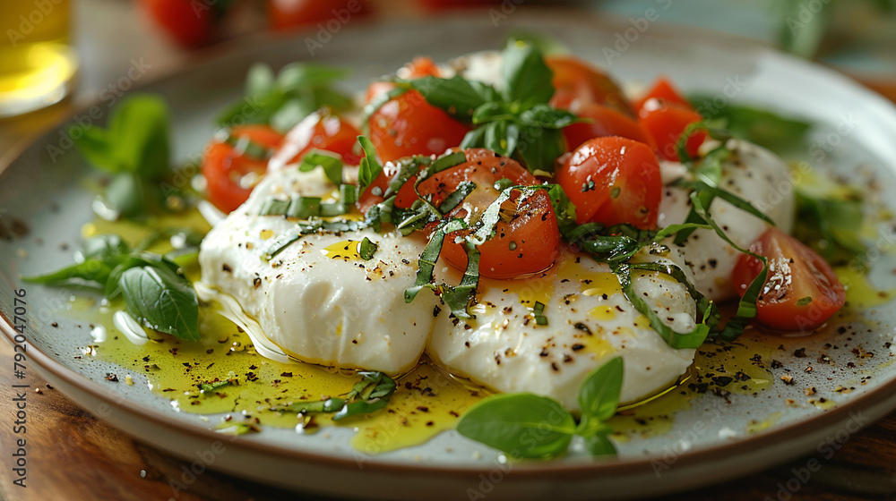 Food illustration, buffalo mozzarella cut down the middle, in the center of the plate, with rocket, basil, olive oil, and tomatoes, rustic style. Food illustration, buffalo mozzarella cut down the middle, in the center of the plate, with rocket, basil, olive oil, and tomatoes, rustic style.
