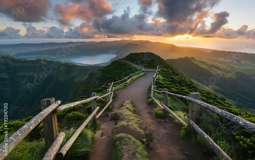 Photo of a mountain path leading to the edge with a beautiful view over Lagoa, Crn Rana, and Grasfjord in Azores, Portugal at sunrise photo
