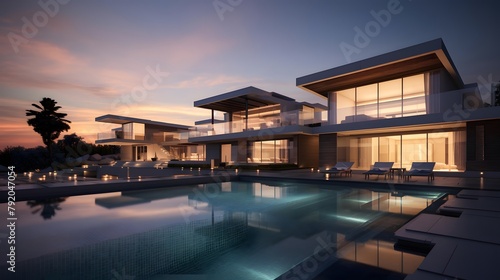 Luxury villa with swimming pool at dusk. Panorama
