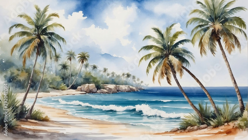 Watercolor painting capturing the beauty of palm trees against a backdrop of the sea, presented in isolation on a white background.