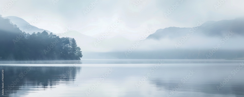 Serene morning at a calm lake surrounded by misty mountains and gentle reflections