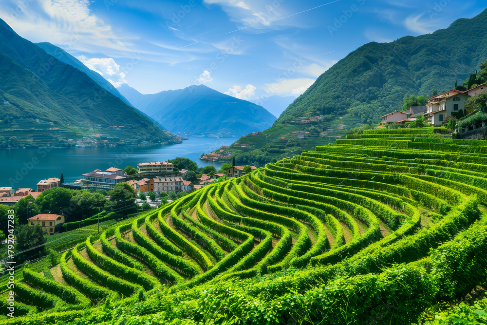 A lush green vineyard with a beautiful view of a lake. The vineyard is full of green vines and the lake is calm and serene. The scene is peaceful and relaxing, and it's a perfect place to unwind A lush green vineyard with a beautiful view of a lake. The vineyard is full of green vines and the lake is calm and serene. The scene is peaceful and relaxing, and it's a perfect place to unwind