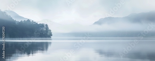 Serene morning at a calm lake surrounded by misty mountains and gentle reflections