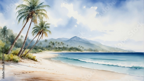Watercolor painting of palm trees on the beach with a serene ocean backdrop, isolated on a white background. © xKas