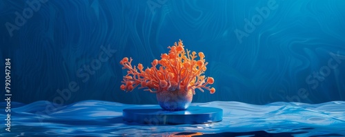 Vibrant orange coral piece elegantly displayed against a swirling deep blue oceanic background © Fat Bee