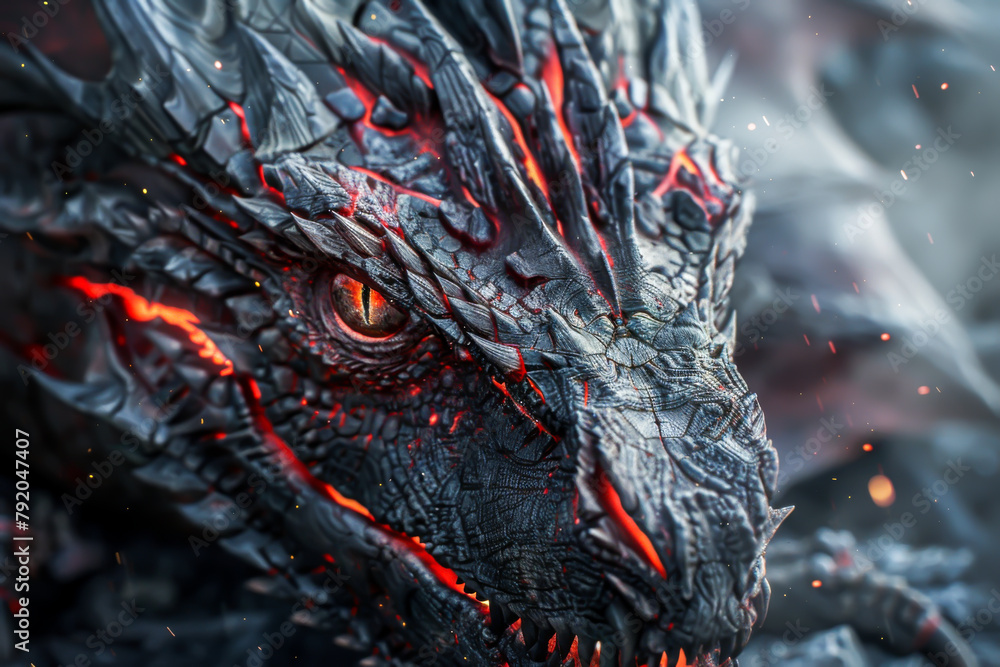 A close up of a dragon's face with red eyes and a black body. The ...