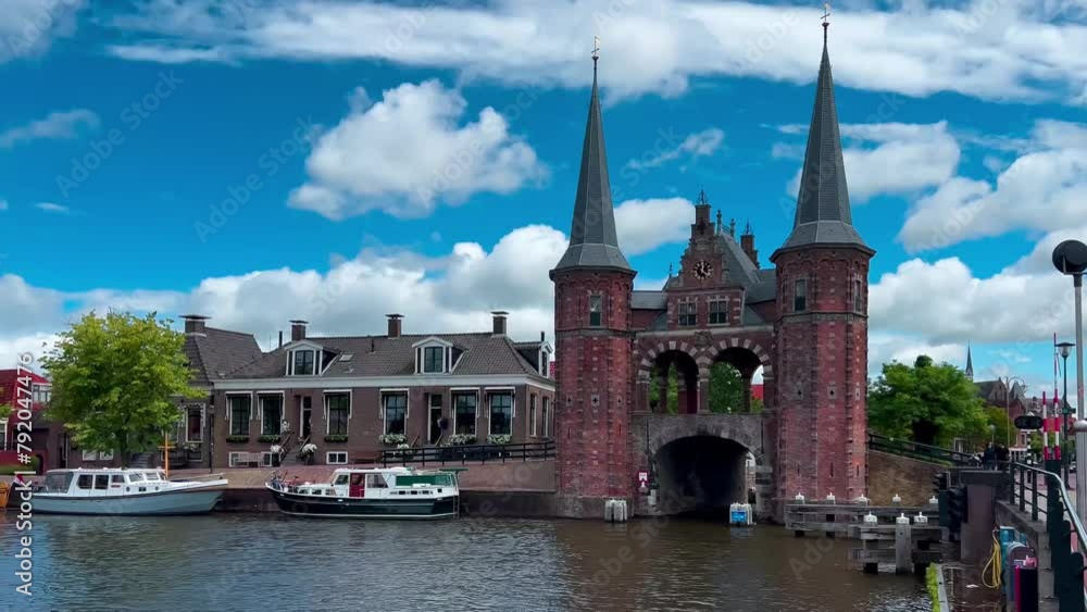 Traditional Dutch architecture of old houses and pier in historical center of Sneek, the Netherlands August 20, 2023. High quality 4k footage Traditional Dutch architecture of old houses and pier in historical center of Sneek, the Netherlands August 20, 2023. High quality 4k footage