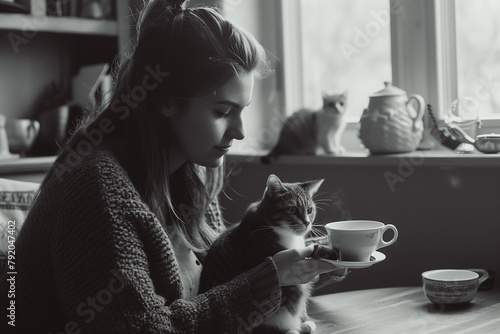 A woman is holding a cat and a cup of tea