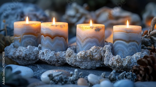 four advent candles with blue lace agate pattern.