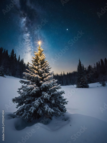 Whimsical winter scene, Christmas tree covered in snow in a forest setting, with room for text against the starry night.