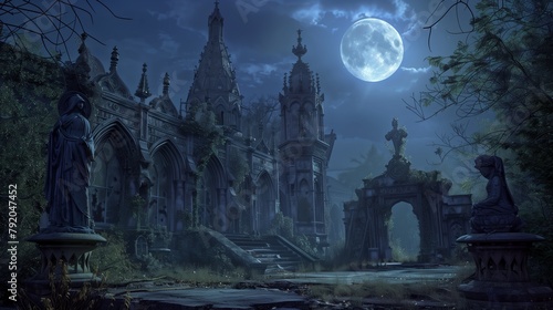 A Moonlit Encounter at the Ancient Manor On a night where the full moon casts its ethereal light over a neglected manor, veiled shadows begin to stir photo