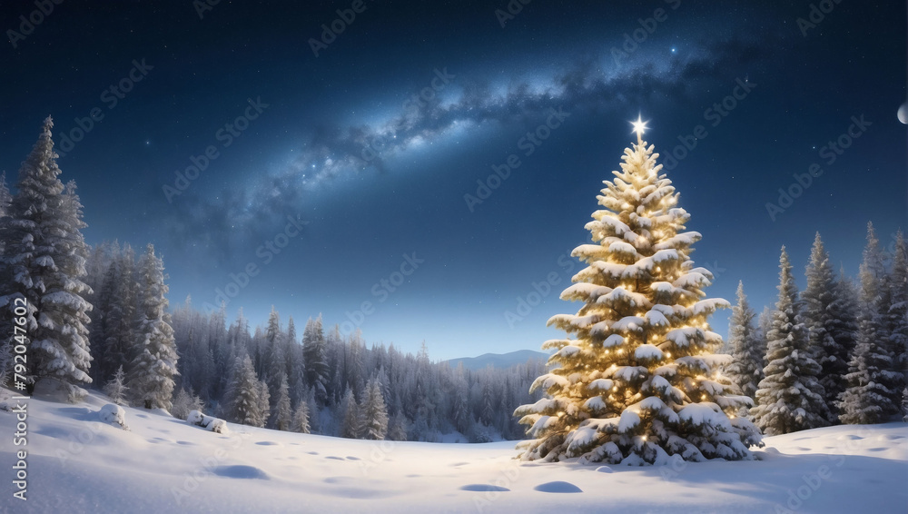 Wintry scene, Christmas tree adorned with snow in a forest setting, against a starlit sky with space for text.