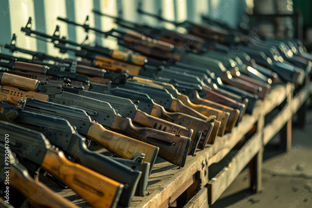Obraz premium A row of guns are lined up on a table. The guns are of different sizes and colors, and they are all lined up in a neat row. The scene gives off a sense of order and organization