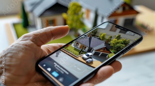 Modern Homeownership Person Engaged with Real Estate App on Smartphone Reflecting Keys and House Models in Background Concept of Digital House Hunting and Investment Opportunities
